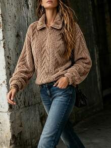 Women's Casual Fleece Half-Zip Pullover, Embossed Embossed Pattern Collar Long Sleeve Warm Jacket, Suitable For Autumn Wear - Khaki - View 4