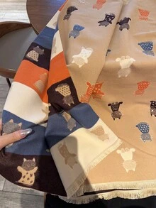 1pc Cat Pattern Scarf For Women, Winter Warm Versatile Shawl, Dual-Use Air-Conditioned Room Office Cape, Long Thick Neck Warmer - Camel - View 3
