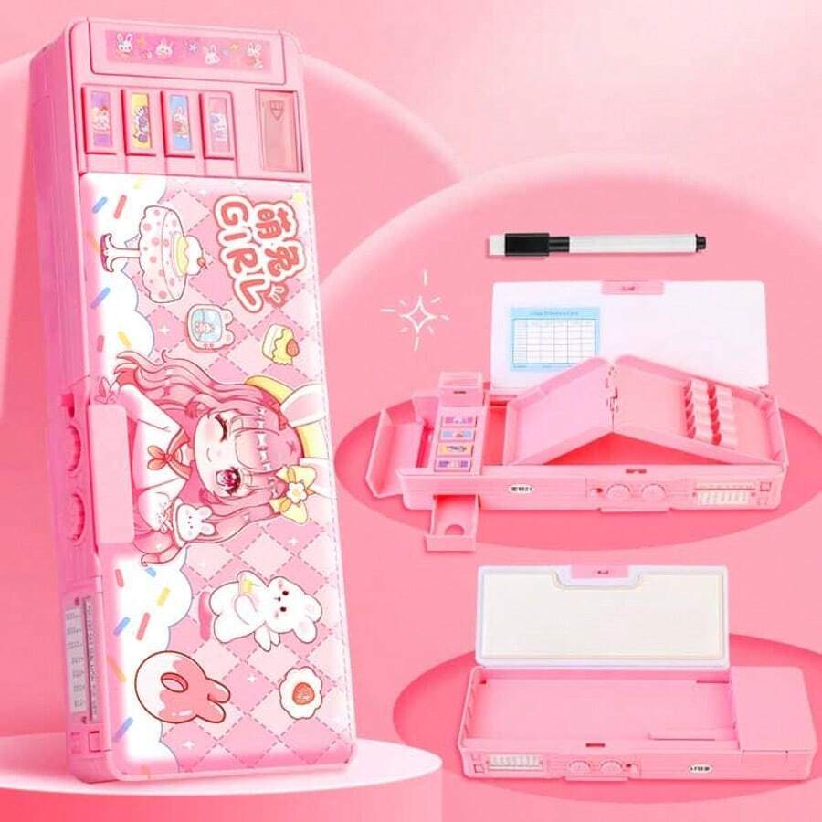 Cute Rabbit Purple Code Pencil Case, Multi-Functional Lockable Pencil Box, Children's Learning Storage Box, Erasable Whiteboard Design, Pink Cartoon Pencil Case, Comes With Erasable Whiteboard Marker - Multicolor - View 1