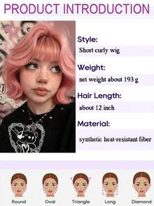 12 Inch Short Curly Bob Wig With Bangs Natural Fluffy Micro Curl Hair Wig Heat Resistant Synthetic Wig For Women Halloween Cosplay Costume Party Festival Daily Style - Multicolor - View 8