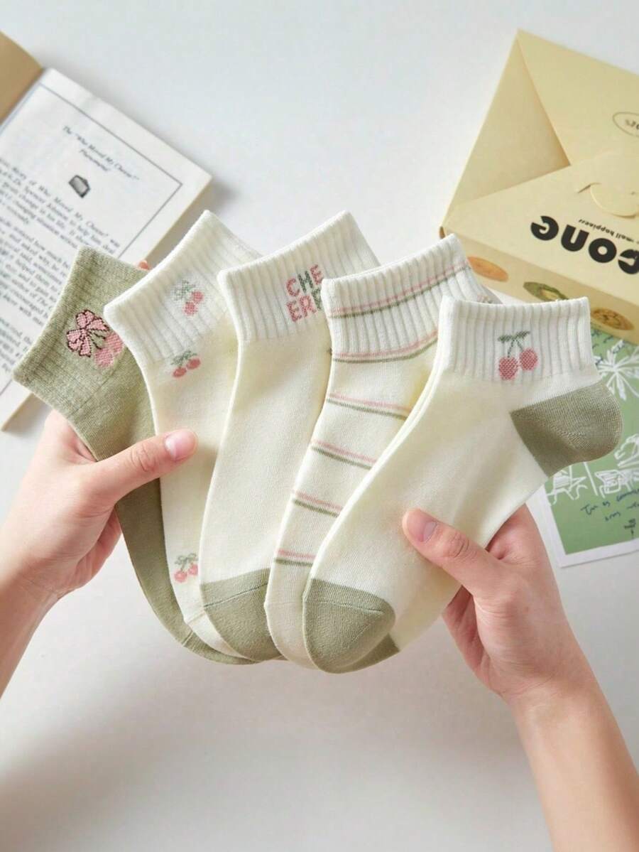 5 Pasang Kaos Kaki Wanita Motif Garis-Garis Ceri Acak, Kaos Kaki Pendek Motif Buah Segar, Kaos Kaki Pendek yang Lucu dan Manis - MultiWarna - View 1