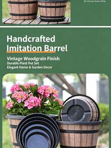 1pc Upgraded Whiskey Barrel Shaped Planter Set, Vintage Brown Plastic Flower Pot With Drainage Hole, Rustic Durable Decor Plant Container For Indoor Outdoor Garden Home Greenery Decor - Vintage Flower Pot - View 8