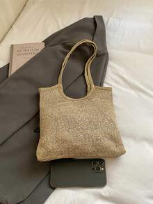 Shiny Sequin Embellished Transparent Mesh Overlay Large Capacity Open-Top Lightweight Soft Versatile INS French Chic Shoulder Bag For Work, Shopping, Dating - Khaki - View 4