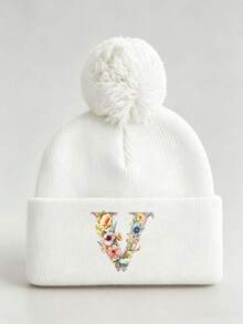 1pc Baby Beanies Boy Girls White Pom-Pom Cap With A-Z Letter Colorful Floral Hat For Boys And Girls Ages 0-8Y, For Hat Accessories Winter Warm Hat - Multicolor - View 53