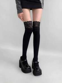 1 Pair Women's (Suitable For 60kg) Black Contrast Lace Comfortable Over-The-Knee Socks, Versatile For Daily Wear - Multicolor - View 5