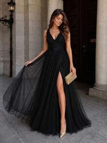 VIPGIRL Elegant Black Sequin Sheer A-Line V-Neck High Slit Backless Dress Fall - Black - View 7