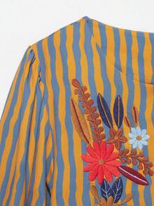 CAREE Women's Autumn/Winter Orange & Blue Vertical Striped Heavy Floral Embroidered Round Neck Button-Up Petal Sleeve Cropped Vintage Jacket - Multicolor - View 3