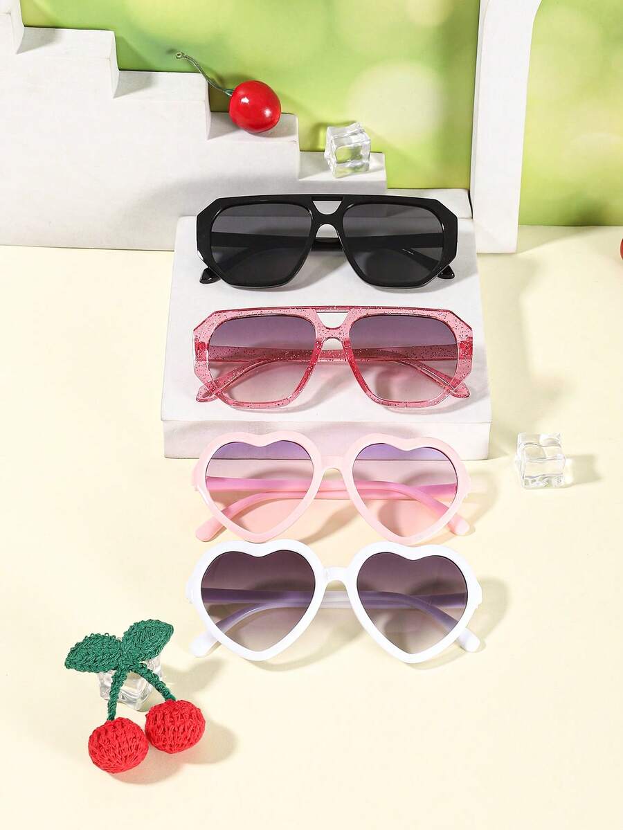 1set 4PCS Kids 9-14Y Mixed Heart & Aviator‑Style Frames Glitter Decor Skin‑Friendly PC Playful Fashion Glasses For Holiday Party Occasions - Multicolor - View 1