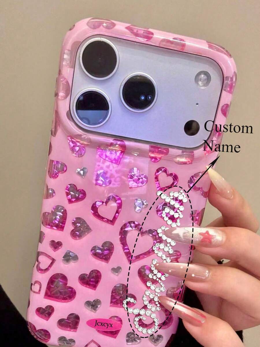 Personalized Engraved Rhinestone Name Stylish Full Screen Sequins Pink Hearts Solid Color Phone Case Compatible With IPhone 17 Pro Max 17 Pro 17 16 Pro Max 16 Pro 16 15 Pro Max 15 Pro 15 14 Pro Max 14 Pro 14 13 Lovely Sweet Shockproof Protective Cover - Pink - View 1
