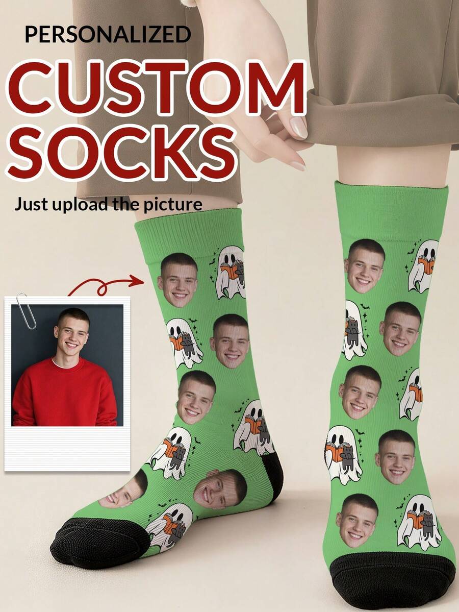 1 Pair Customized Face Photo Men's Halloween Socks, Halloween Costume, Birthday, Valentine's Day Gift, Halloween Prank Gadget, Colorful Cartoon Print, Combines Personality And Fun, Suitable For Daily Wear, Home, Commuting - Multicolor - View 1