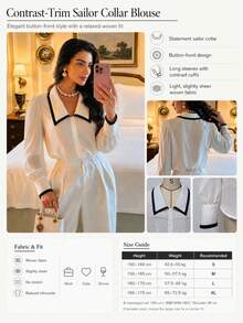 Women's Elegant Contrast Color Sailor Collar Long Sleeve Blouse, Loose Fit Button-Front Shirt, Quiet Luxury French Style White Summer - White - View 8