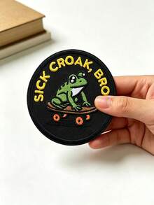 1件滑板青蛙圖案刺繡貼布 -「Sick Croak」刺繡燙貼貼布 - 龐克青蛙設計，適用於帽子、背包、狗胸帶、軍用背心、健身包、頭盔、DIY禮物 - 圓形 - 查看 1