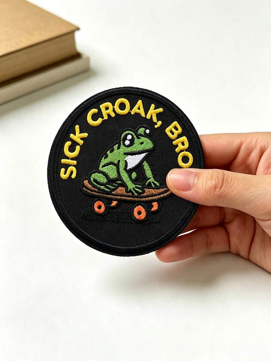 1件滑板青蛙圖案刺繡貼布 -「Sick Croak」刺繡燙貼貼布 - 龐克青蛙設計,適用於帽子、背包、狗胸帶、軍用背心、健身包、頭盔、DIY禮物 - 圓形 - 查看 1