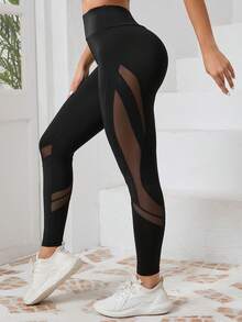 1PC Women's Mesh Patchwork Yoga Leggings, High Waist Slimming Fashion Fitness Workout Tight Pants - Black - View 2