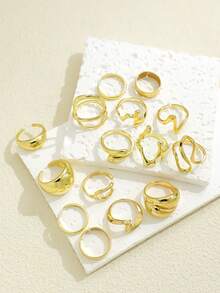15pcs/Set Exaggerated Metal Asymmetrical Line Water Drop Smooth Rings, Unisex, Punk Retro Bohemian Style Fashion Jewelry Gift - Yellow Gold - View 2