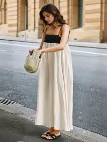 Spring/Summer Contrast Color Slip Dress, Urban Minimalist Elegant Dress For Wedding, Party, Beach, Vacation, Apricot Color For Women - Apricot - View 1