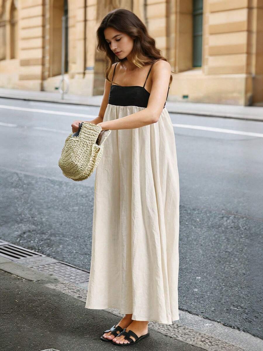 Spring/Summer Contrast Color Slip Dress, Urban Minimalist Elegant Dress For Wedding, Party, Beach, Vacation, Apricot Color For Women - Apricot - View 1