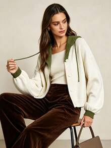 Women's Colorblock Front Button Hooded Cardigan Sweater, Casual Long Sleeve Knit Cardigan, Suitable For Autumn/Winter Daily Wear - White - View 3