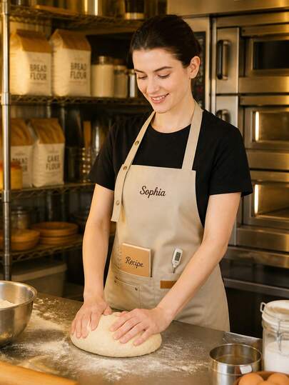 Customizable Name Apron - Durable And Comfortable Neutral Kitchen Workwear, Easy To Care For, Practical Design With Pockets And Adjustable Shoulder Straps, Perfect For Cooking Enthusiasts, Embroidered