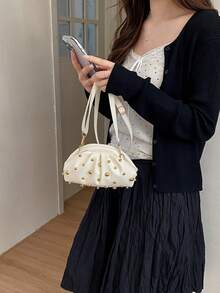 女款 2026 春/秋新款串珠雲朵百褶貝殼包，極簡扣環手提包附鏈條肩帶，斜挎包 - 白色 - 查看 3