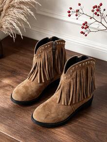 1 Pair Kids Western Style Fringe Ankle Boots, Rivet Decor Side Zipper Cowboy Boots, Children's Outfit Boots For Travel And Holiday Party Looks - Brown - View 4
