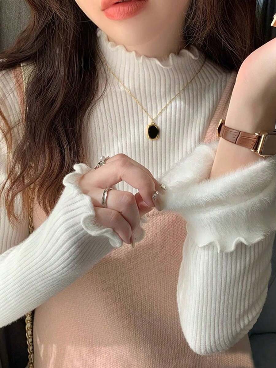 Lettuce Edge Long Sleeve Warm Lining Sweater - Apricot - View 1