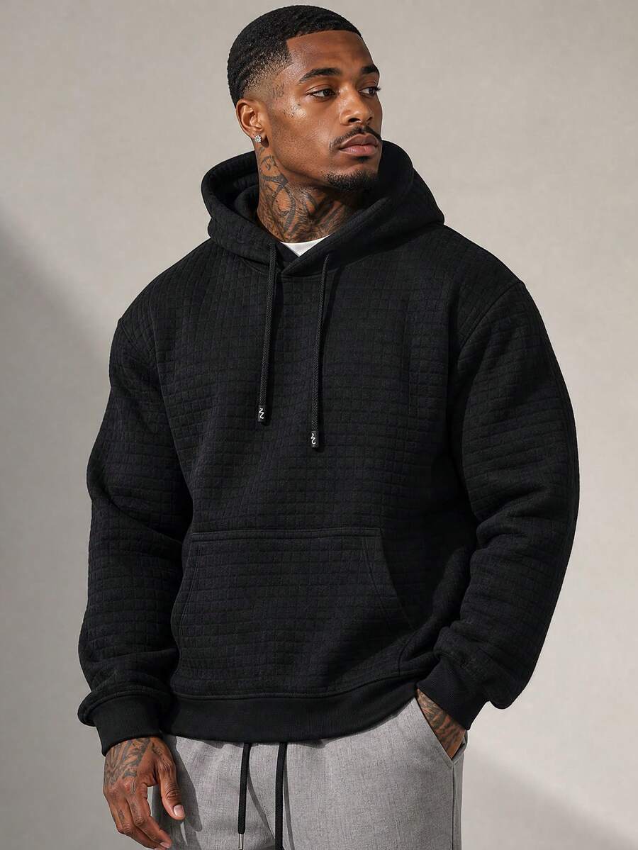 Striville American Minimalist Waffle Knit Sweatshirt Black Loose Fit Versatile Casual Pullover Sweatshirt For Men - Black - View 1