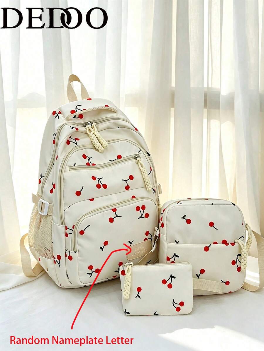 Dedoo 3 PiecesBackpack Set, Cherry Print, Woven Pendant, Large Capacity Student School Bag, Fresh Korean Style College Campus Student Design