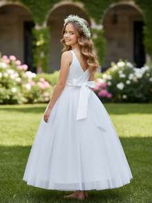 Flower Girls Spaghetti Strap Tulle Dress Long A Line Wedding Pageant Dresses Princess Birthday Party Ball Gown Bridesmaid Dresses White - 白色 - 查看 3