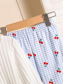 2pcs/Set Autumn Baby Girl Fresh Cherry Embroidered Textured Long Sleeve T-Shirt And Elastic Waist Blue And White Plaid Fruit Series Print Ruffle Hem Wide Leg Pants Outfit, Soft And Cozy For Spring - Blue - View 7