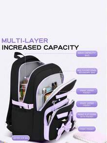 3pcs Contrast Bow Backpack Set With Pom Pom Charm, Multi-Pocket Large Capacity, Suitable For School, Travel And Daily Use - Multicolor - View 6
