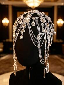 Aksesori Rambut Rumbai Berlian Imitasi Berkilau, Hiasan Kepala Rantai Kristal Gaya Flapper Vintage, Ornamen Rambut Pesta Pengantin yang Elegan - Putih - View 2