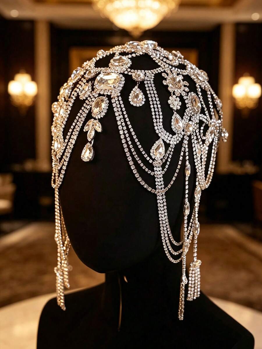 Aksesori Rambut Rumbai Berlian Imitasi Berkilau, Hiasan Kepala Rantai Kristal Gaya Flapper Vintage, Ornamen Rambut Pesta Pengantin yang Elegan