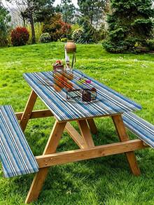 3 Pieces Picnic Tablecloth Set With Bench Cover, Elastic Edge Design, Striped Pattern, Washable Rectangular Tablecloth, Suitable For Weddings, Camping, Picnics, Garden Parties And More, Practical Essential - A - View 5