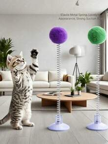 1/5/10/15/20pcs Indoor Cat Interactive Toys, Durable Metal Spring Plush Ball Cat Teaser Wand With Suction Cup Base, Random Mixed Colors, Battery-Free, Stimulate Hunting Instinct, Suitable For All Cat Breeds Pet Toys - Multicolor - View 1
