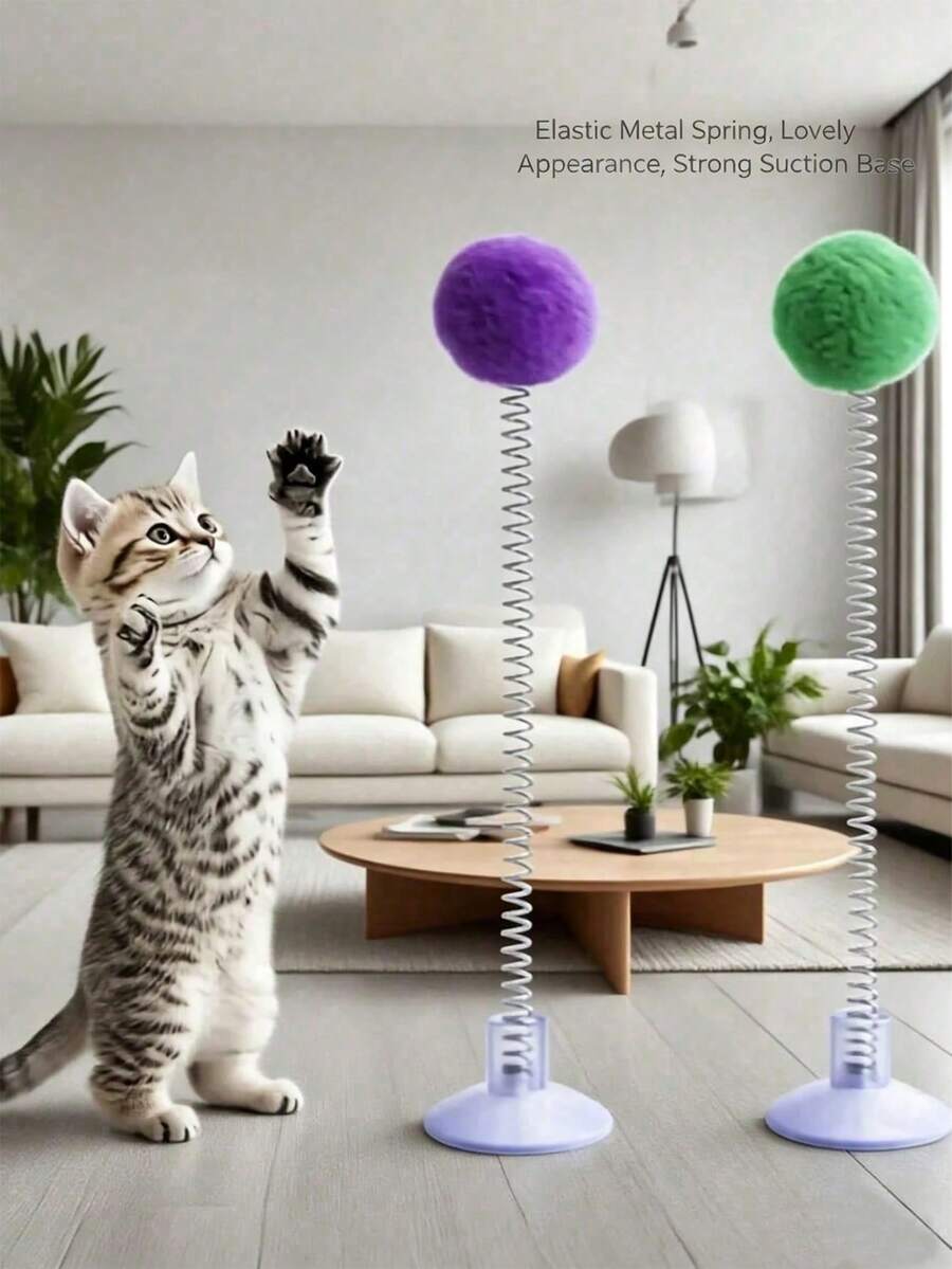 1/5/10/15/20pcs Indoor Cat Interactive Toys, Durable Metal Spring Plush Ball Cat Teaser Wand With Suction Cup Base, Random Mixed Colors, Battery-Free, Stimulate Hunting Instinct, Suitable For All Cat Breeds Pet Toys - Multicolor - View 1