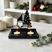 1pc Wooden Christmas Candle Holder, Creative Design With Santa Claus, Christmas Tree And Gifts, Home Decor Accessory Gift, Holiday Decoration, Unique Christmas Gift, Indoor Winter Holiday And Christmas Decoration - A - View 3