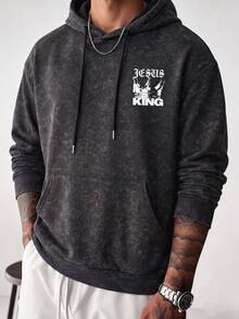 Men's Artistic Portrait Line Art Print Washed Distressed Hoodie - Black - View 3