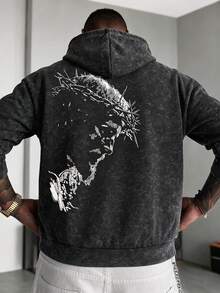 Men's Artistic Portrait Line Art Print Washed Distressed Hoodie - Black - View 2