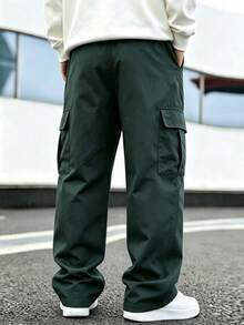 Spring/Summer Solid Color Multi-Pocket Straight Leg Cargo Pants, Men's Outdoor Commute Casual Sports Long Pants - Dark Green - View 3