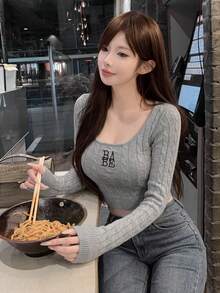 2026 Autumn/Winter Women's Black Ribbed Top, Casual Sweet "BABE" Embroidered Wide Strap Fitted Long Sleeveless Shirt, Suitable For Spring Daily Wear, Dating And Shopping - Gray - View 5
