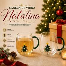 Caneca de Vidro Natalina 400ml com Árvore de Natal 3D com Alça Decorativa para Café, Chá e Presente de Natal - Transparente - Visão 4