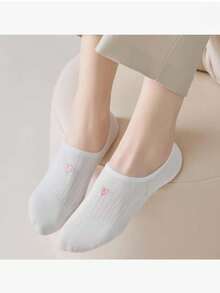 5 Pairs Women's Solid Color Ribbed Ankle Lined Short Invisible Socks, Thin Non-Slip Invisible Boat Socks, Suitable For All Seasons - White - View 5