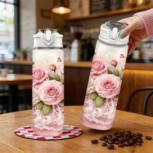 1pc/5pcs 750ml Large Capacity Summer Sports Plastic Water Bottle, Best Friend Birthday Holiday Gift Soft Pink Floral Rose Butterfly Lace Pattern Water Bottle, Elegant Drinking Container, Couple Water Bottle, Suitable For Commuting Camping Vacation, Floral Couples Gift - Multicolor-floral - View 4