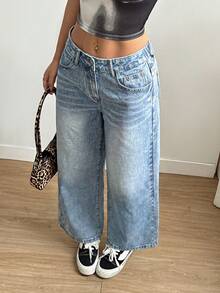 Women's Plus Size Bermuda Shorts, Light Blue Washed High Waist Wide Leg Denim Pants, Elastic Back Waist Single Button Loose Casual Summer Denim Pants - Light Wash - View 2