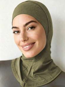 1件女款時尚純色大碼彈性下巴包圍式針織帽頭巾 - 軍綠色 - 查看 3