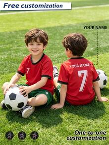 2pcs/Set Boys Soccer Jersey Set, Personalized Name/Club Customization, 7# Print Red Football Uniform, Short Sleeve & Shorts Set, Suitable For Boys & Girls, Sports, Cycling, Outdoor Running, Football, Star Player Style - Red - View 3