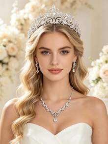 Women's 4-Piece Bridal Wedding Silver Crown Necklace Earrings Exquisite Wedding Accessories Set - Silver - View 2