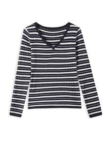 Women's New Korean Style Contrast Striped Knitted Cable V-Neck Long Sleeve Top, Random Pattern - Navy Blue - View 3