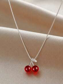 1pc S925 Sterling Silver Gentle Cute Mori Style Fresh Cherry Pendant Necklace, Unique Design Lively Playful Clavicle Chain, Niche Sweet Romantic Atmosphere Light Luxury Versatile Casual Party Neck Accessory For Women - Cherry - View 7